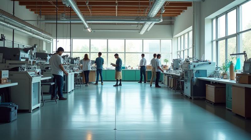 Team collaborating in textile and telecommunication workshop